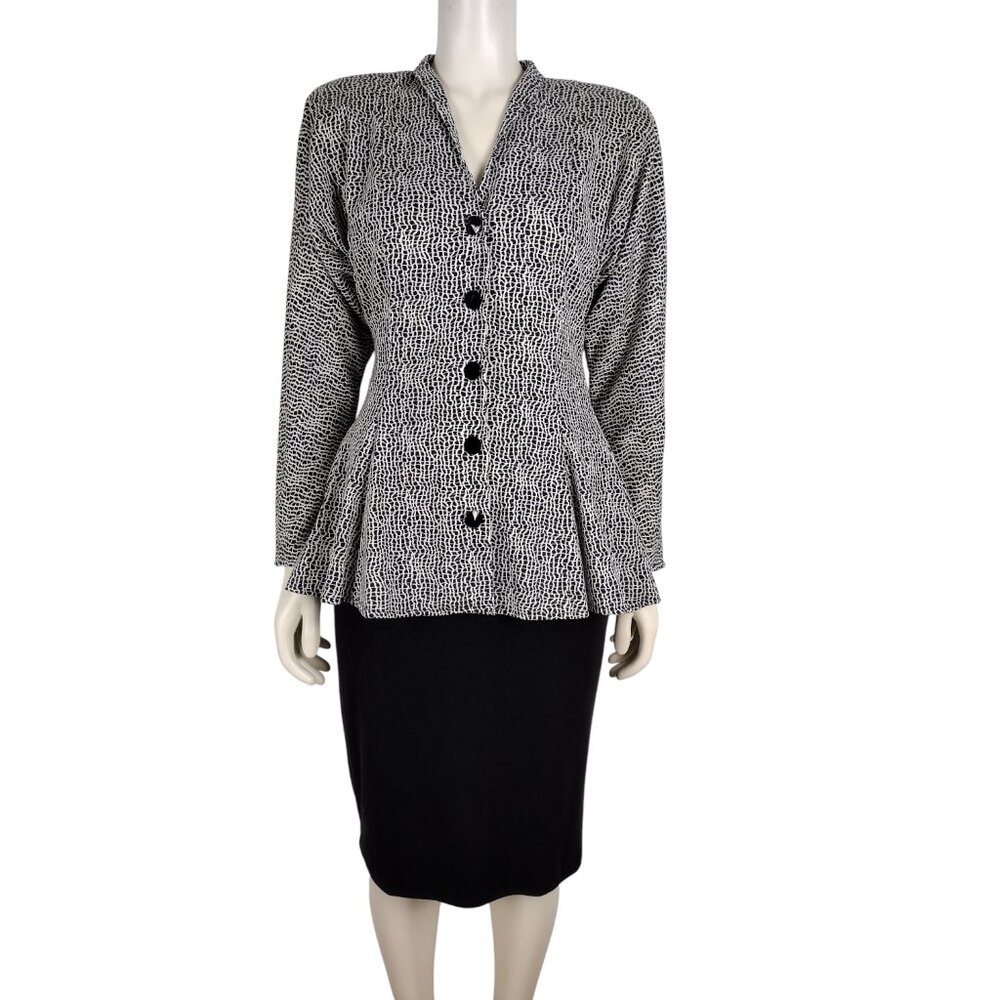 Vintage 1990s Black and White 2 Piece Peplum Jacket and Pencil Skirt Set